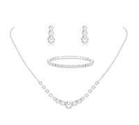 Diamday Silver Jewelry Set for Women Rhinestone Crystal Necklace Drop Earrings Link Bangle Bracelet Bridal Wedding Jewelry Sets for Brides Bridemaid Prom Costume Accessories 1