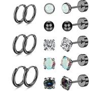 Diamday Titanium Steel Earrings Set - 20G Stud, Hoop, Opal CZ Flatback Earrings for Women & Men - Hypoallergenic Nap Sleeper, Huggie, Hoop Designs