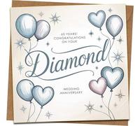 Diamond 60th Wedding Anniversary Card 145mm x 145mm with Kraft Envelope - Congratulations Balloons Heart Design - 60 Years Milestone Greeting Card for Husband Wife Parents