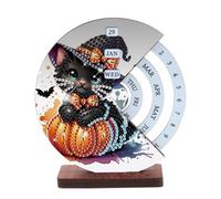 Diamond Art Calendar, Diamond Art Perpetual Wooden Manual Rotating Desk Calendars, Round Perpetual Single Sided Tabletop Ornaments-25-Black Cat