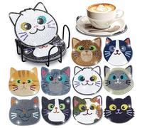 Diamond Art Coasters, 5D DIY Wooden Cat Diamond Art Coasters Kit 10Pcs Heat Insulation & Anti-Slip Cute Diamond Art Coaster with Stand, Arts and Crafts DIY Kits for Adults Kids