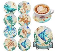 Diamond Art Coasters, Diamond Painting Coaster Kits with Holder, 8 Pcs 5D DIY Round Set Crafts Painting Coasters, Ocean Theme Art Kits, Adult Crafts for Adults and Beginner (Sea Animals)