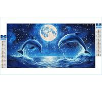 Diamond Art Dolphin Diamond Painting Moon Crystal Art Kits for Adults, 5D DIY Cross Stitch Canvas Embroidery with Full Accessories Mosaic Crafts Pictures for Home Decor, Gifts for Women 35x70cm G1-262