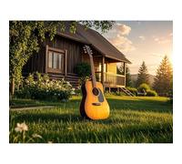 Diamond Art Guitar on Grassland Farm Log Cabin 5D Diamond Painting DIY Kits Full Round Drill Crystal by Number Mosaic Arts and Crafts for Living Room Home Wall Decor 12x16 inch / 30x40cm