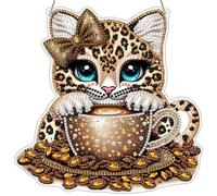 Diamond Art Hanging Ornaments with Chain for Adults, Adorable Cartoon Leopard with Coffee, Special Shaped Diamond Painting Pendant Kits Cute leopard, DIY Crystal Gem Art Kits for Home Door Wall Decor