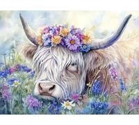 Diamond Art Highland Cow Diamond Painting Kits for Adults Flower 5D Square Full Drill Dimond Art Gem Painting, DIY Crystal Embroidery Arts and Crafts for Adults for Room Decor 12x16 inch E0-397