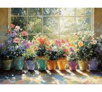 Diamond Art Kits for Adults, 5D Window sill Flower Diamond Painting, DIY Full Round Drill Diamond Crystal Gem Art Kits and Adults Christmas Home Wall Accessories Gifts, for Beginners 40x50 cm JZ-45