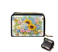 Diamond Art Painting Credit Card Wallet, RFID Blocking Diamond Art Leather Zipper Card Holder Wallet for Women Single-sided-04-Flowers