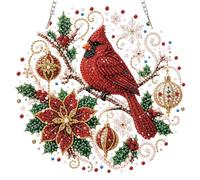 Diamond Art Painting Kit Red Sparrow Christmas Ornament Home Decor | 11.42in Round Acrylic Single Side Drill Rhinestones Holly Snowflake Cardinal Hanging Chain