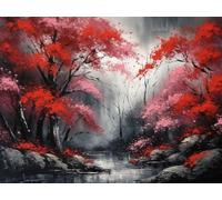 Diamond Art Painting Kits for Adults, 5D DIY Full Round Drill Japanese Landscape Red and Black Cherry Blossom Trees(11) Home Wall Decor 11.7 x 15.8 Inch