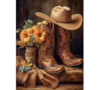 Diamond Art Painting Kits for Adults, 5D DIY Full Western Cowboy Vintage Hat and Boots Flowers West Rodeo（1） Home Wall Decor 12 x 16 Inch