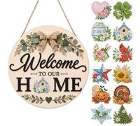 Diamond Art Painting Wooden Interchangeable Seasonal Welcome Home Sign Hanger Kit with 12 Magnetic Seasonal Icons for Front Door Hanging Holiday Decor Kit