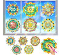 Diamond Art Suncatcher Kits, CAYUDEN 6pcs Mandala Window Clings Stained Glass Kit DIY Diamond Painting Stickers Gem Painting Sun Catcher Window Mosaic Kits for Children Arts and Crafts for Kids Adults