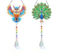 Diamond Art Wind Chime Kits for Adults,2PCS Double-Sided Diamond Art Painting Wind Chimes, DIY Suncatcher Hanging Ornament for Outdoor Garden Window Patio Decor,Crystal Art Craft Gift(Owl Peacock)