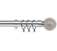 Diamond Ball Extendable Curtain Pole. Includes Pair Of Superior 60mm Size Finials, Rings, Brackets & Fittings Set. (Chrome, 70cm - 120cm, 28 inch to 48 Inch)
