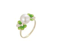 Diamond Band Rings for Women Gold, 18K Yellow Gold Promise Ring for Ladies Round Shape Lab Created Diamond and Pearl 0.084ct, Size M 1/2