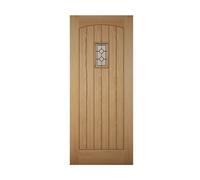 Diamond Bevel Leaded Glazed Cottage Wooden White Oak Veneer External Front Door, (H)2032mm (W)813mm
