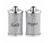 Diamond Crushed Salt Pepper CANISTERS Jars Storage Silver Trimmings Crystal Filled - 10X05CM