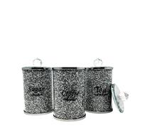 Diamond Crushed Tea Coffee Sugar Canisters Jars Kitchen Storage Silver Trimmings Crystal Filled Black Writing