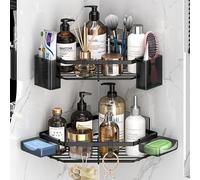 Diamond Design Corner Shower Shelf Set Stainless Steel 4-Piece Bathroom & Shower Organiser, No Drilling Self-Adhesive Wall Mounted, Includes Toothbrush Holder, Soap Dish, Razor Holder & 8 Hooks, Black