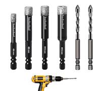 Diamond Drill Bit,6PCS Porcelain Tile Drill Bit, 6/8/10/12mm Dry Diamond Drills Bits and 6MM Hex Shank Drills Bits for Granite Ceramic Marble Stone Tile Stone Glass Hard Materials