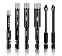 Diamond Drill Bit Set, Tile Drill Bits, 6/8/10/12mm Hex Shank, Suitable for Granite, Ceramic, Marble, Stone, and Glass (Black, 6 PCS)