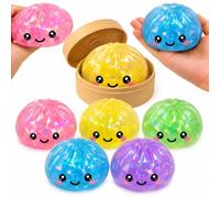 Diamond Dumpling Toys 8.5cm - 6x Random Squishy Bao Bun with Plastic Steamer Box, Slow Rising Mystery Squeeze Toy, Reusable Basket, Kids Party Bag Gift Age 3+