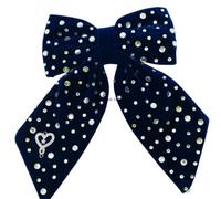 Diamond Dust Velvet Bow Navy with Crystal Rhinestones | Crystal Heart Charm, Plush Velvet Fabric, All-Over Shimmer, Statement Hair Bow, Performances & Parties