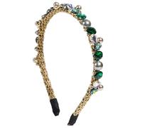 Diamond-Encrusted Baroque Pearl Headband, Gold Thread Wrapped Around Simple Fine Edges, Green