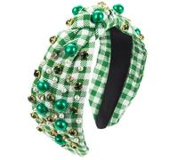 Diamond-Encrusted Scrunchievintage Wide-Edged Knotted Fabric Geometric Accessories Pearl Headband, Hair Ornaments, White And Green Checkered