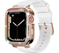 Diamond Face Cover Stainless Steel Case Rubber Watch Bands 40mm for Women，For SE 8, Mod Kit 41mm Cubic Zirconia Metal Frame Replacement Watch Strap