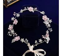Diamond headdress Korean pink flower bridal headband with ribbon bridal headband crystal evening hair accessories wedding hair accessories handmade