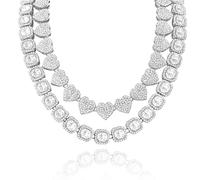 Diamond Necklace for Women - Clustered Tennis Chain Heart Set, Silver Diamante, Hip Hop Jewelry, Heart Choker, Bling Cuban Link