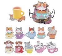 Diamond Painting Coasters Kit, DIY Diamond Art Coasters with Tray Full Drill Sparkling Resin Diamonds Painting for Adults, Home Decor Table Decor Unique Gift Idea (Cat and Dog)