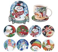 Diamond Painting Coasters With Holder - 8 Pcs DIY Christmas Art Kit for Beginners, Adults and Kids - Craft Supplies Gifts (Car Snowman)