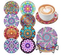 Diamond Painting Coasters with Holder, 8 Pcs Mandala DIY Art Coasters Kits, Round Full Drill Diamond Art Craft Supplies for Adults & Kids, Beginners