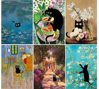 Diamond Painting for Adults and Beginners - 6pcs, 5D Round Diamond Digital Painting Kit, DIY Black Cat Diamond Art Painting, Matisse Van Gogh Living Room Bedroom Decoration (11.8x15.7 inches)