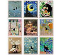 Diamond Painting for Adults and Beginners - 9pcs, 5D Round Diamond Digital Painting Kit, DIY Black Cat Diamond Art Painting, Matisse Van Gogh Living Room Bedroom Decoration (11.8x15.7 inches)