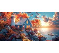 Diamond Painting Kit Cottage Large Diamond Art Sea DIY Mosaic Kits for Adults With 5D Round Full Drill Crystal art Painting Crafts,Cross Stitch for Adults Beginners Home Wall Decorations 35x70cm f-709