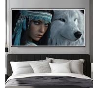 Diamond Painting Kits for Adults Large, 5D DIY Native American Woman Diamond Art Kits Adults Square Drill Large Dimond Art Wolf Gem Arts Crafts for Wall Decoration 200x100cm/78.7x39.4 Inch (WL142)