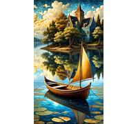 Diamond Painting Lakeside Houses Boat,5D DIY Diamond Art Kits for Adults Beginners,Diamond Painting Kit Square Drill Full Drill Crystal Gem Arts Picture for Home Wall Decor 50x110 cm