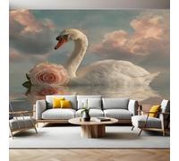Diamond Painting Panoramic Mural Wallpaper 390 x 260 cm Swan on The Lake Pink Roses Wall Mural Non-Woven Art Print Wallpaper Living Room Bedroom Sofa TV Backdrop Decoration Poster Picture Photo