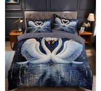 Diamond Painting Style Super King Size Duvet Cover Set 260x220 cm Two loving swans 3 Pcs Microfibre Bedding Set with Quilt Cover and 2 Pillowcases, Fade and Wrinkle Resistant Bedroom Decor