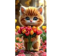 Diamond Painting Tulip Flower Cat,5D DIY Diamond Art Kits for Adults Beginners,Diamond Painting Kit Square Drill Full Drill Crystal Gem Arts Picture for Home Wall Decor 30x70 cm