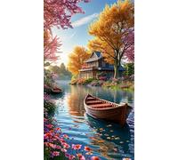 Diamond Painting Villa Lake Boat,5D DIY Diamond Art Kits for Adults Beginners,Diamond Painting Kit Square Drill Full Drill Crystal Gem Arts Picture for Home Wall Decor 50x110 cm