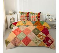 Diamond patchwork Duvet King Size, Coverless Duvet 7.5 Tog with Retro Floral Print, Soft Lightweight Comforter Set, 1 Quilt King Size 230x220cm with 2 Pillowcases, Machine Washable Orange P25