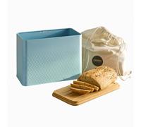 Cooks Professional Diamond Pattern Bread Bin With Linen Bag & Bamboo Cutting Board Lid - Blue