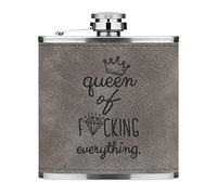 Diamond Queen of F-King Everything 6oz PU Leather Hip Flask Grey Luxe