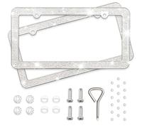 Diamond Rhinestone Bling License Plate Frames for Women, Men - 2 Pack Handcrafted Bedazzled License Plate Cover with Glittery Crystal Screw Caps Stainless Steel - Sparkle Car License Plate Frame White