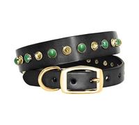 Diamond Rhinestone Puppy Cat Collar Genuine Leather Pet Collar(Black,XS)